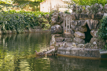 Fototapeta na wymiar Stone duck house in pond