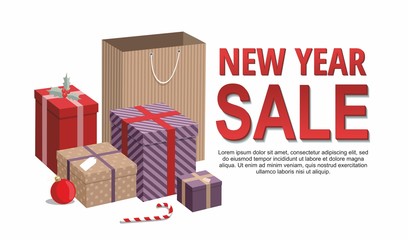 Gift boxes and shopping bags  on white background. New Year sale 
