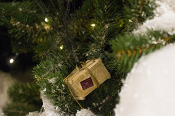 Christmas trees decorated with toys and flowers. Beautiful winter trees.