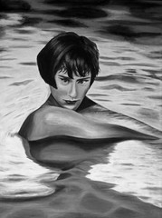 Painting of a woman submerged in water on canvas black and white