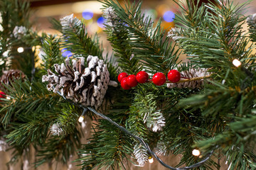 Christmas trees decorated with toys and flowers. Beautiful winter trees.