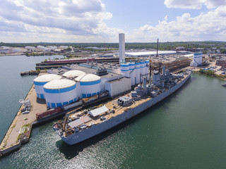 Aerial view of USS Salem CA-139 heavy cruiser in Quincy, Massachusetts, USA. USS Salem was served...