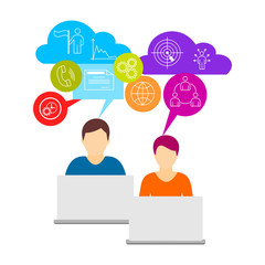 Business peoples with notebook and set icons.  Work team. Flat style and modern design. Vector graphic illustration.