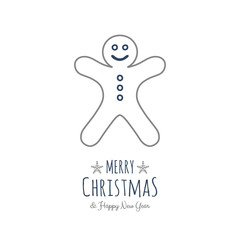 Merry Christmas and Happy New Year - greeting card with hand drawn gingerbread cookie. Vector.