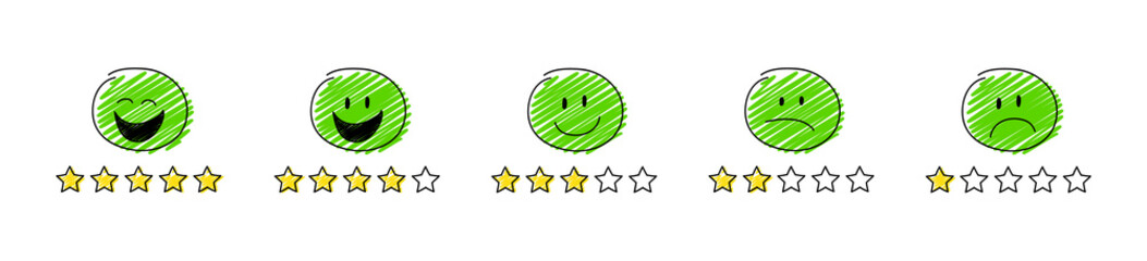 Set of review icons - star rating with cartoon stickman. Vector.