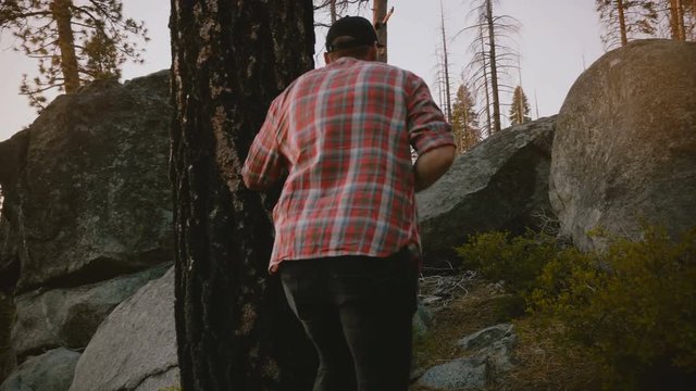 Camera follows young free man hiking, climbing up on big forest rocks at beautiful sunset in Yosemite park slow motion.