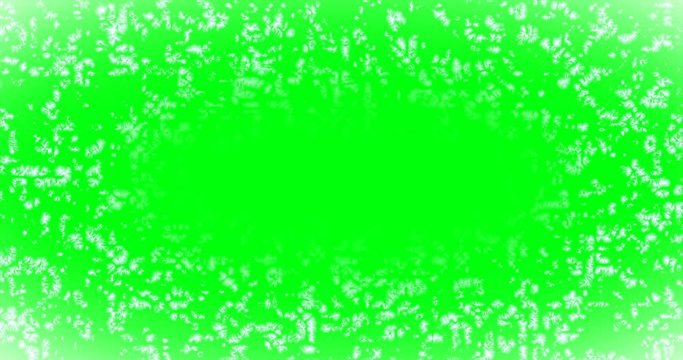 Green screen frozing with white snowflakes and in the middle left empty place for your company logo. Alpha channel.