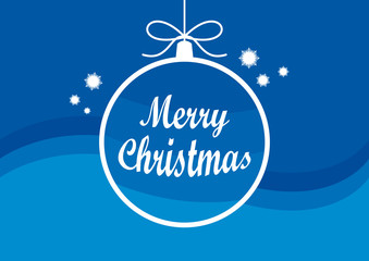 Fototapeta na wymiar Minimalist blue Christmas card vector. Holiday background with hanging Christmas ball. White and blue christmas ornament. Elegant blue christmas background