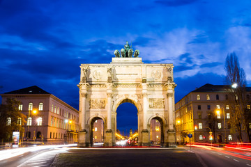 Munich, Germany. The Siegestor (1852) (English: Victory Gate) in winter at sunset