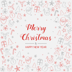Concept of Christmas greeting card with hand drawn decorations. Vector.