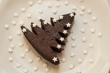 Torta al cioccolato a forma di albero di natale con le stelle di zucchero