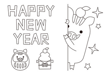ぬり絵年賀状2019　ひょっこり猪  HAPPY NEW YEAR