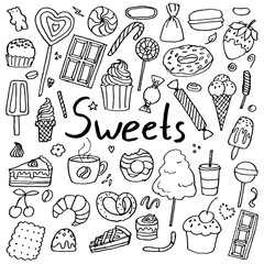 Set of hand drawn doodle sweets. Chocolate, candy, cake, ice cream and other. Collection of design elements