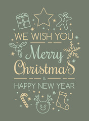 Christmas card with decorative text and ornaments. Vector.