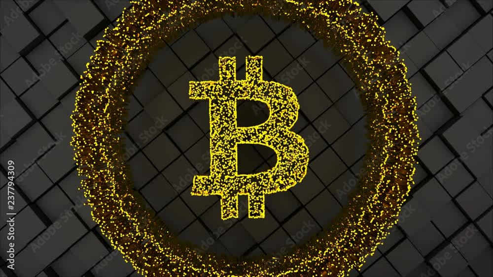 Poster bitcoin coin symbol with many particles and squared surface, computer generated abstract technology 