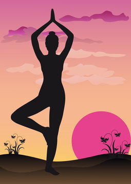 Illustration of a girl doing yoga on a sunset background
