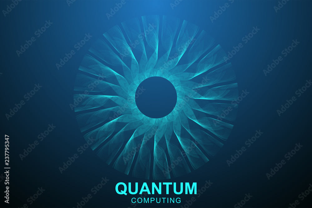 Poster Quantum computer technology concept. Deep learning artificial intelligence. Big data algorithms visualization for business, science, technology. Waves flow. Vector illustration.