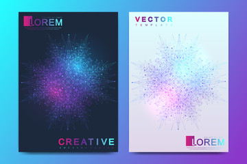 Modern vector template for brochure, leaflet, flyer, cover, banner, catalog, magazine, or annual report in A4 size. Futuristic science and technology design. Presentation with mandala. Lines plexus