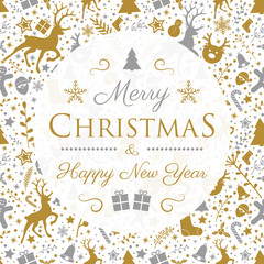 Design of Christmas greeting card with vinatge ornaments. Vector.