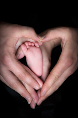 Baby's foot in hands dark black background love heart shape 