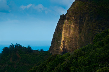 Foreboding stone cliff wall on  the island of Kauai, Hawaii, USA