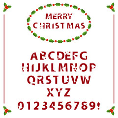 Font with Merry Christmas objects mistletoe.Vector illustration