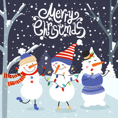 Merry Christmas and Happy New Year winter holidays greeting card with snowmans. Vector illustration