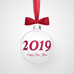2019 Christmas and New Year background with transparent christmas ball and bow for xmas design. Vector illustration