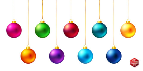 Set of nine shiny, bright and realistic colored Christmas balls hanging on white.