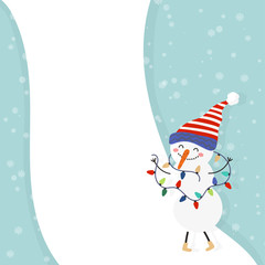 Merry Christmas and Happy New Year winter holidays greeting card with snowman. Vector illustration