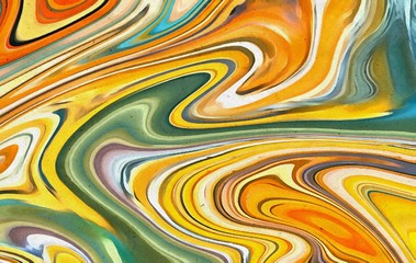 Abstract marble acrylic background. Watercolor swirl texture. Psychedelic vortex crazy art. Unusual waves design pattern. Warm and very bright colors.