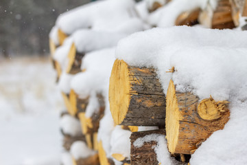 Stacked firewood with snow on top