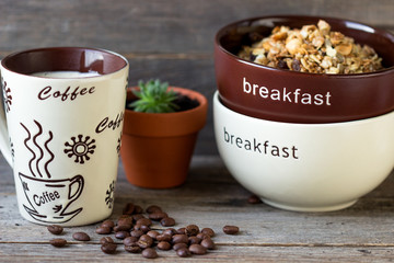Coffee and with muesli  for breakfast.