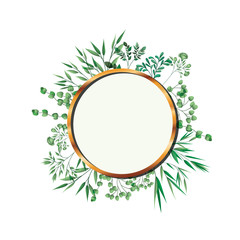 golden frame circle with foliage isolated icon