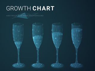 Abstract modern business growing chart with stars and lines in shape of increasingly full champagne glasses on blue background.