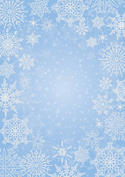 Light blue winter, stylized frame and background with snowflakes and stars. Vector illustration that can be used during holidays or on a card, invitation or new year. Flying border with snow elements.
