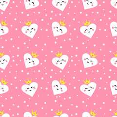 Seamless pattern with cute hearts princess. Ornament for children's textiles and wrapping. Flat style. Vector