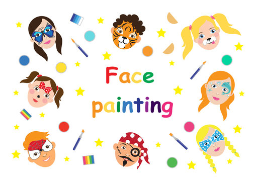 Face painting for kids collection. set of icons in cartoon flat style for banner, poster. children's holiday background. Vector illustration