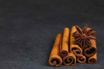 cinnamon sticks and cardamom on a black background horizontal view close-up with copy space for text. fragrant spices.