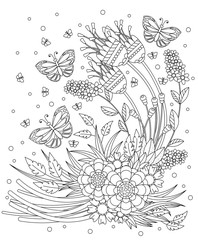 coloring book page for adult and kids. Cute doodle composition with abstract flowers, leaves and butterflies.