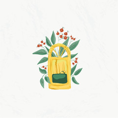 Yellow door and watercolor cranberries