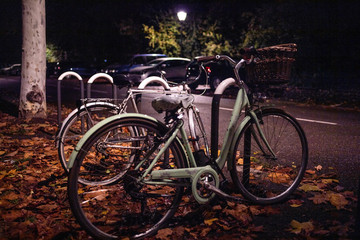 Two vintage bicycles pearked near park on a cold fall night