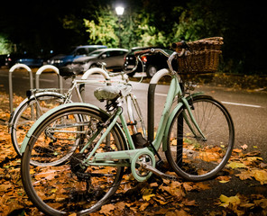 Fototapeta na wymiar Two vintage bicycles pearked near park on a cold fall night