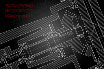 Mechanical engineering drawings on black background. Milling machine spindle. Technical Design. Cover.