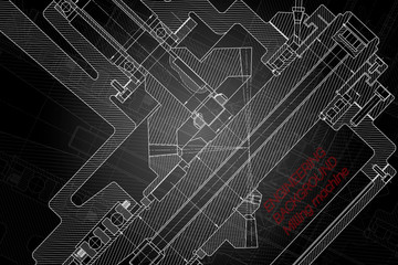 Mechanical engineering drawings on black background. Milling machine spindle. Technical Design. Cover.