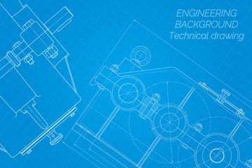 Mechanical engineering drawings on blue background. Reducer. Technical Design. Cover. Blueprint. Vector illustration.
