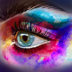 Beautiful eye make up sketch.Beautiful eye with big lashes. watercolor hand drawn illustration of colorful women eye.