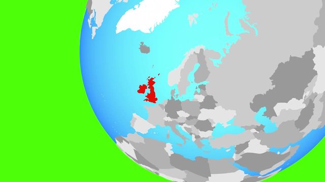 Closing in on British Isles on simple globe. 3D illustration.