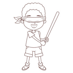 Boy blindfolded with bat in black and white