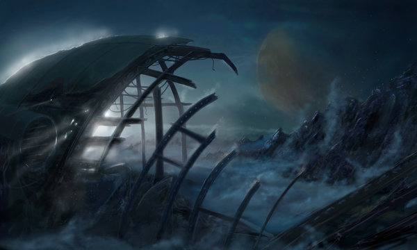 Concept art digital fantasy dreamlike painting or illustration of space ship wreck abandoned on alien planet surface.